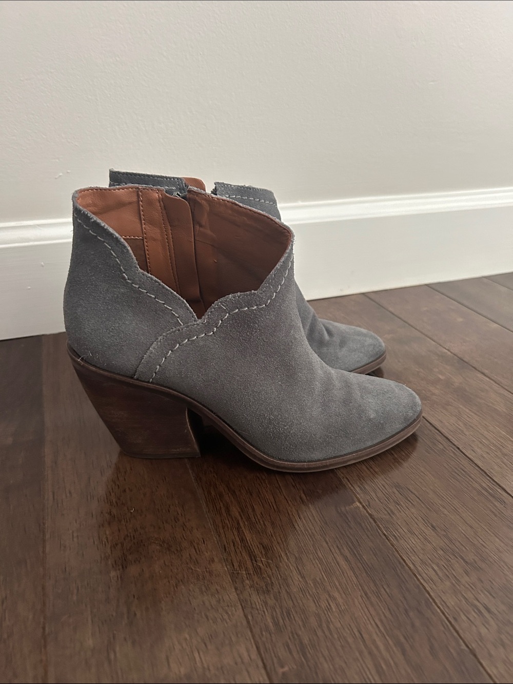 Lucky Brand Gray Suede Ankle Booties with Stacked Heel